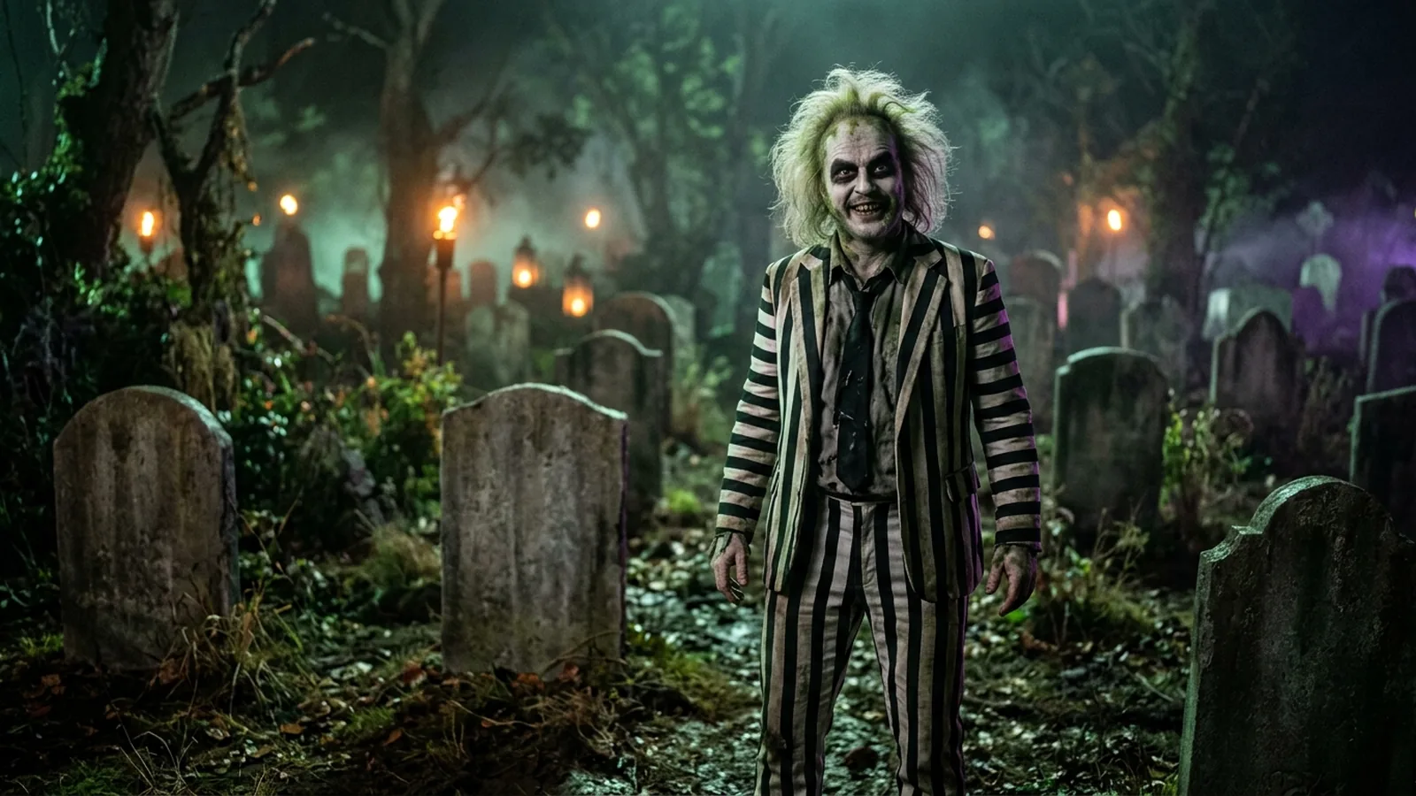 A man with gray green face paint, smudged raccoon eyes and wild white hair in a black and white striped suit, in a foggy graveyard