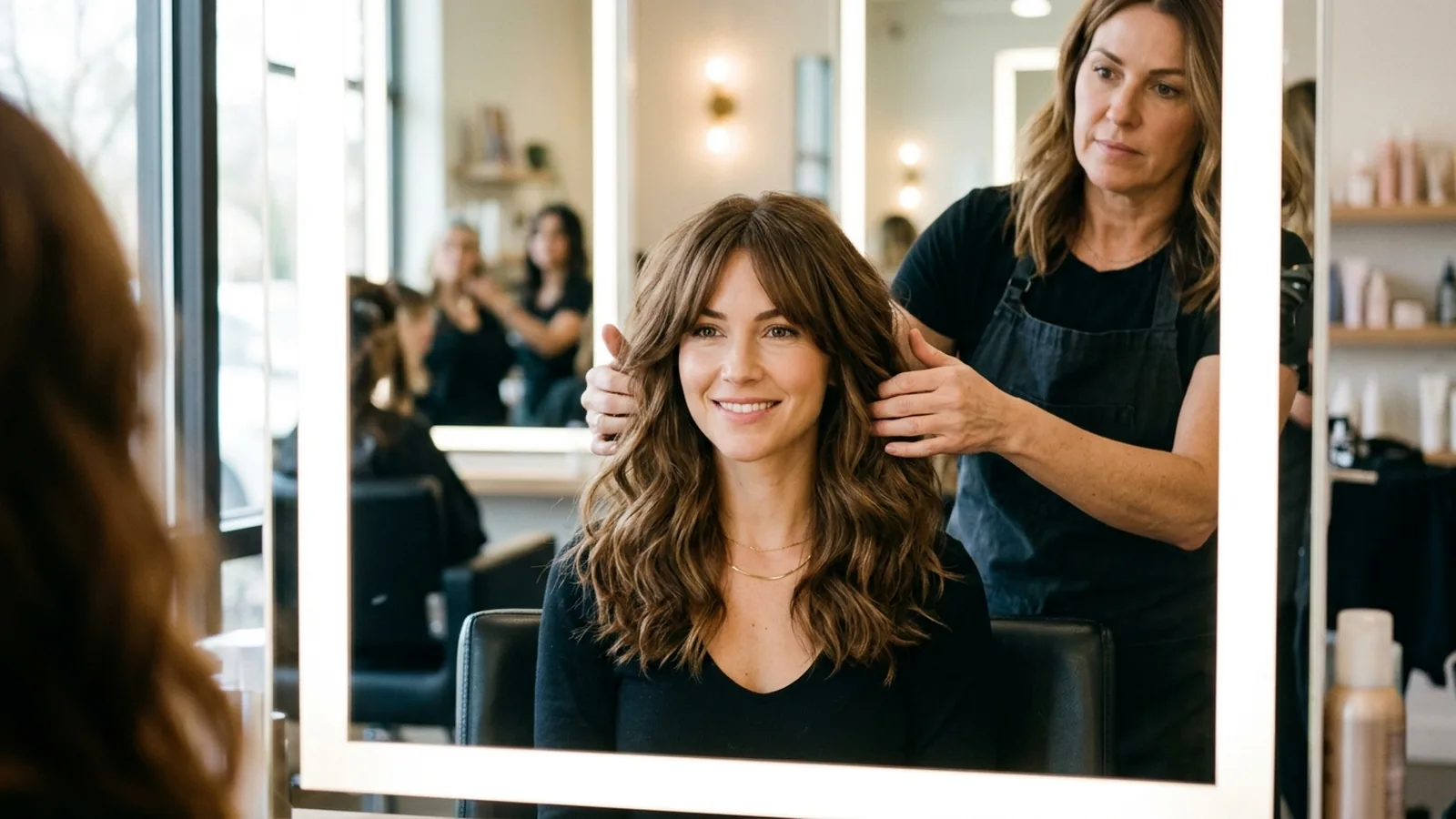 Stylist framing a woman's wavy brown hair with curtain bangs around her face in a salon mirror