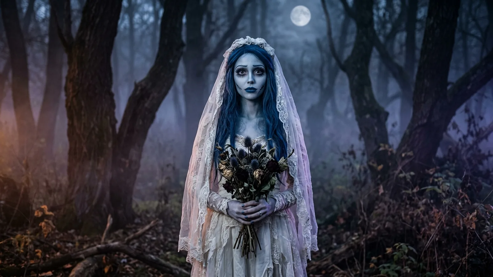 A woman with pale blue skin, huge dark eyes, a blue lip and a torn white veil, in a misty moonlit forest