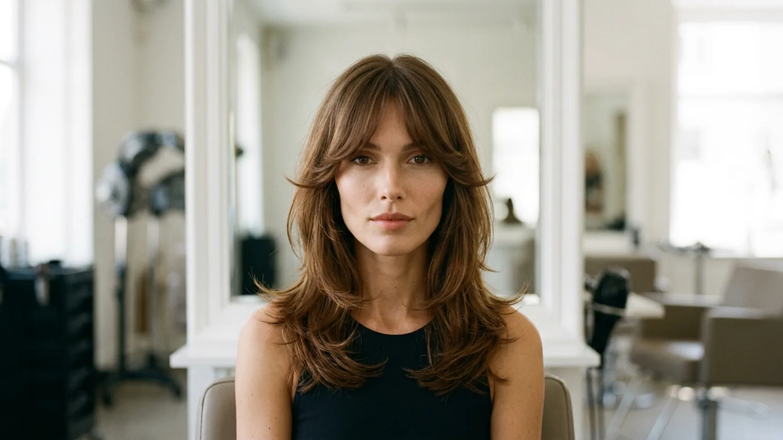 Woman with a diamond face shape wearing a collarbone-length lob with curtain bangs and textured ends