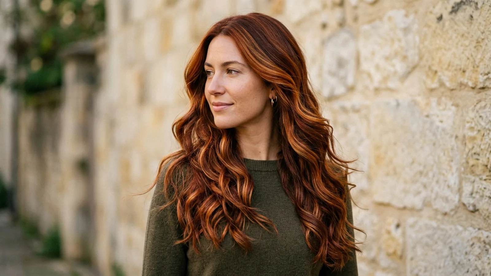 Woman with long wavy copper and auburn hair showcasing warm highlights in natural daylight