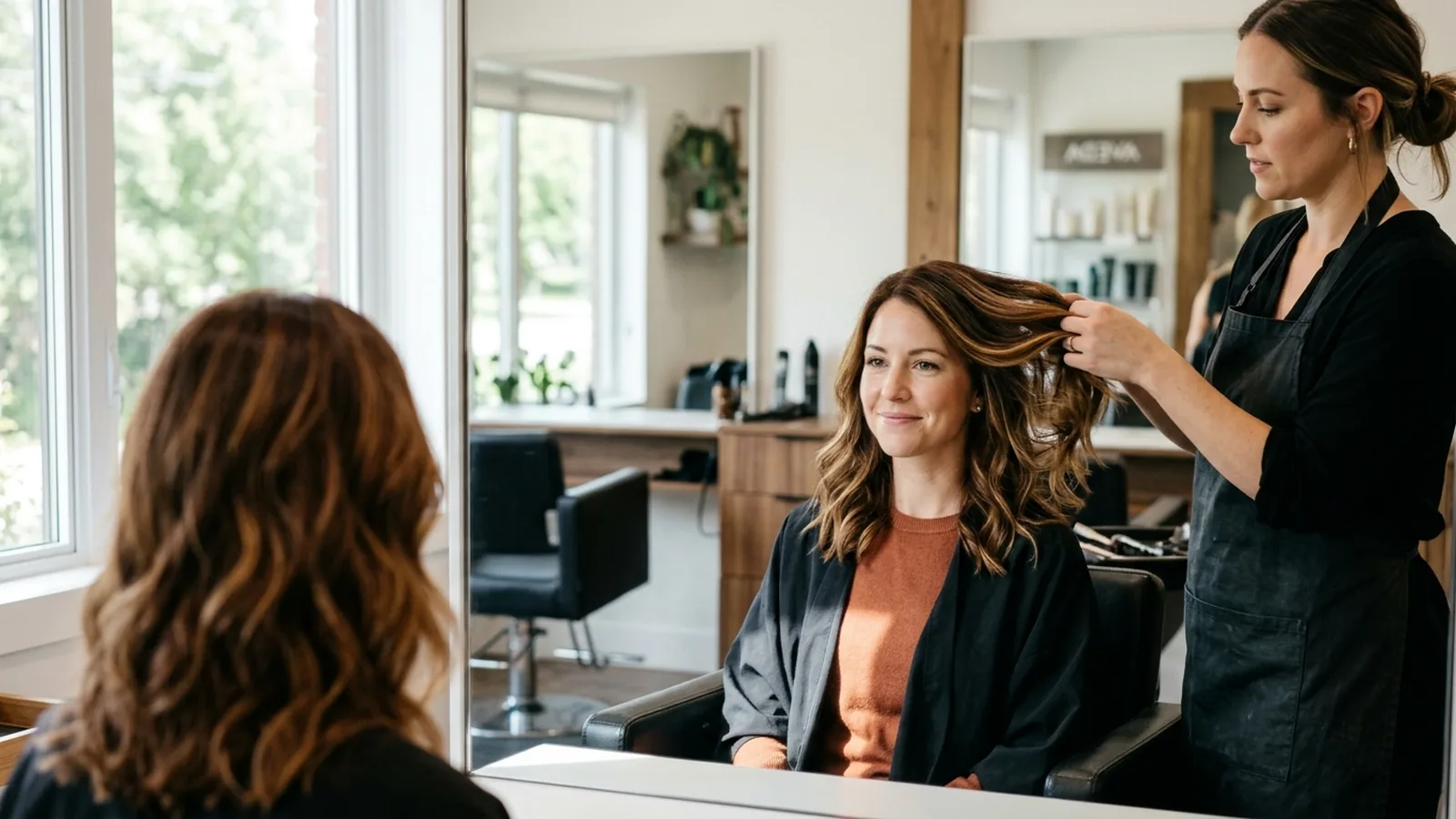 Woman in a salon chair looking in a mirror while a stylist examines her shoulder-length chestnut wavy hair