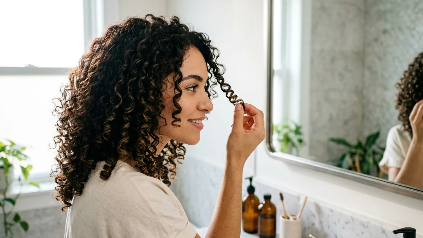 Woman lifting a curl of her shoulder-length brunette hair while looking in a bright bathroom mirror