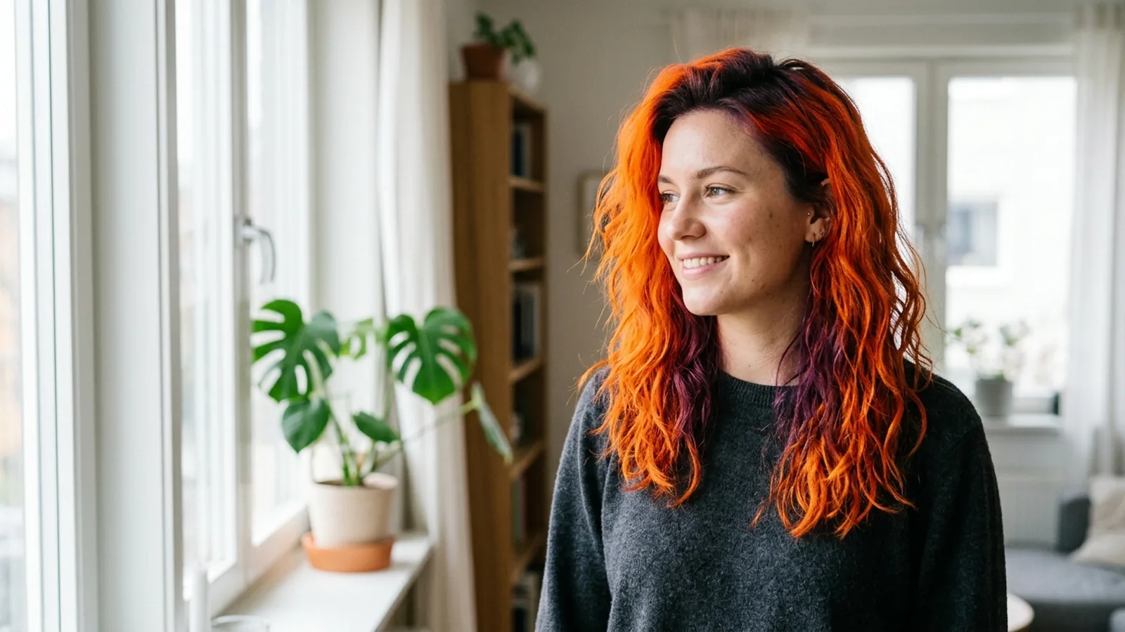 Woman with shoulder-length wavy hair styled in vibrant temporary electric orange and deep purple tones