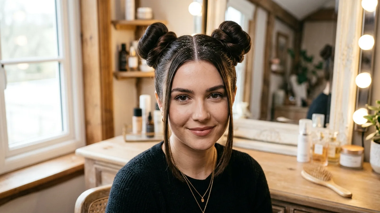 Young woman with high twin space buns, a glittered center part, and face-framing strands