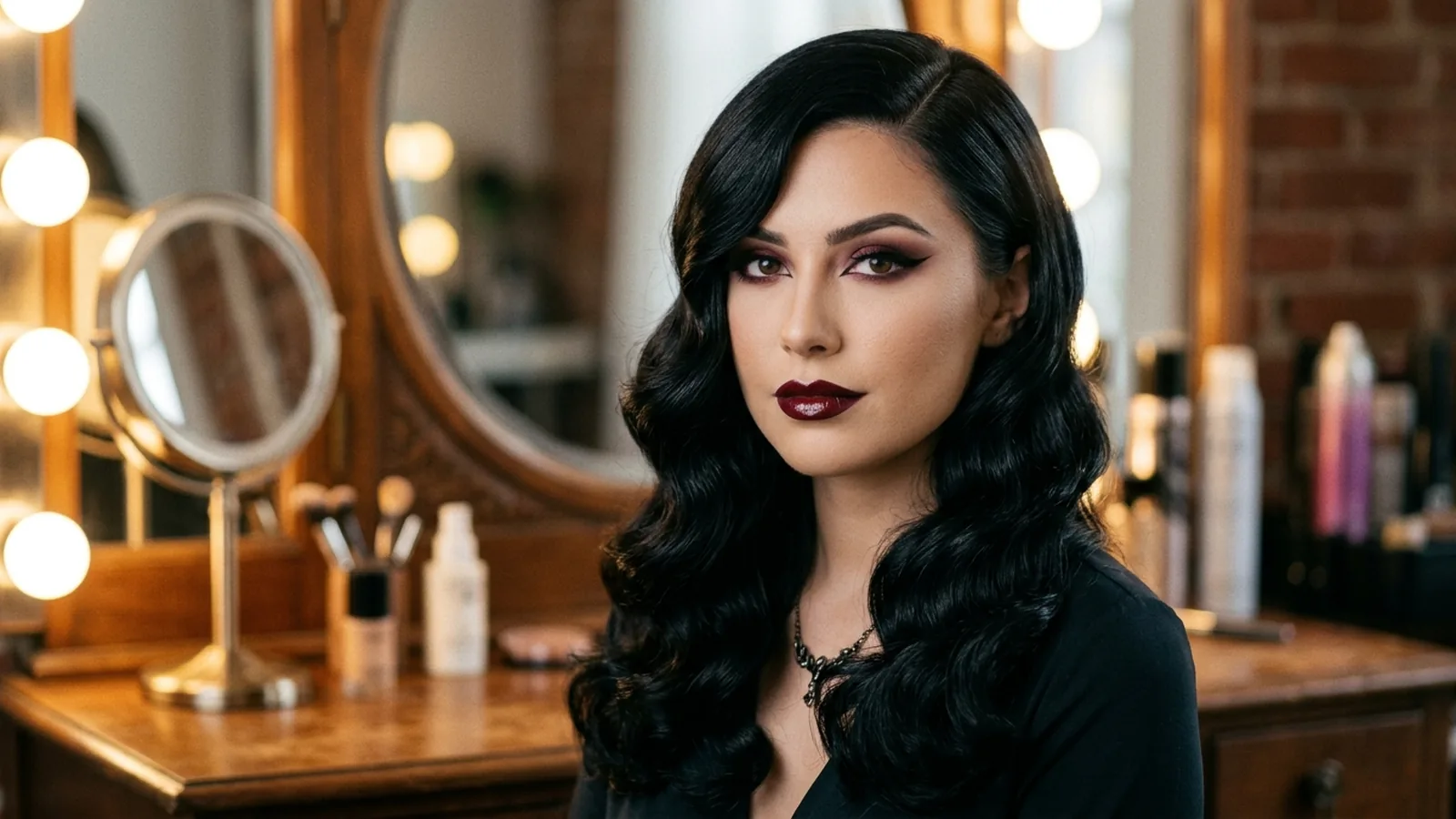 Woman with glossy jet-black Hollywood waves and dramatic vampire Halloween makeup