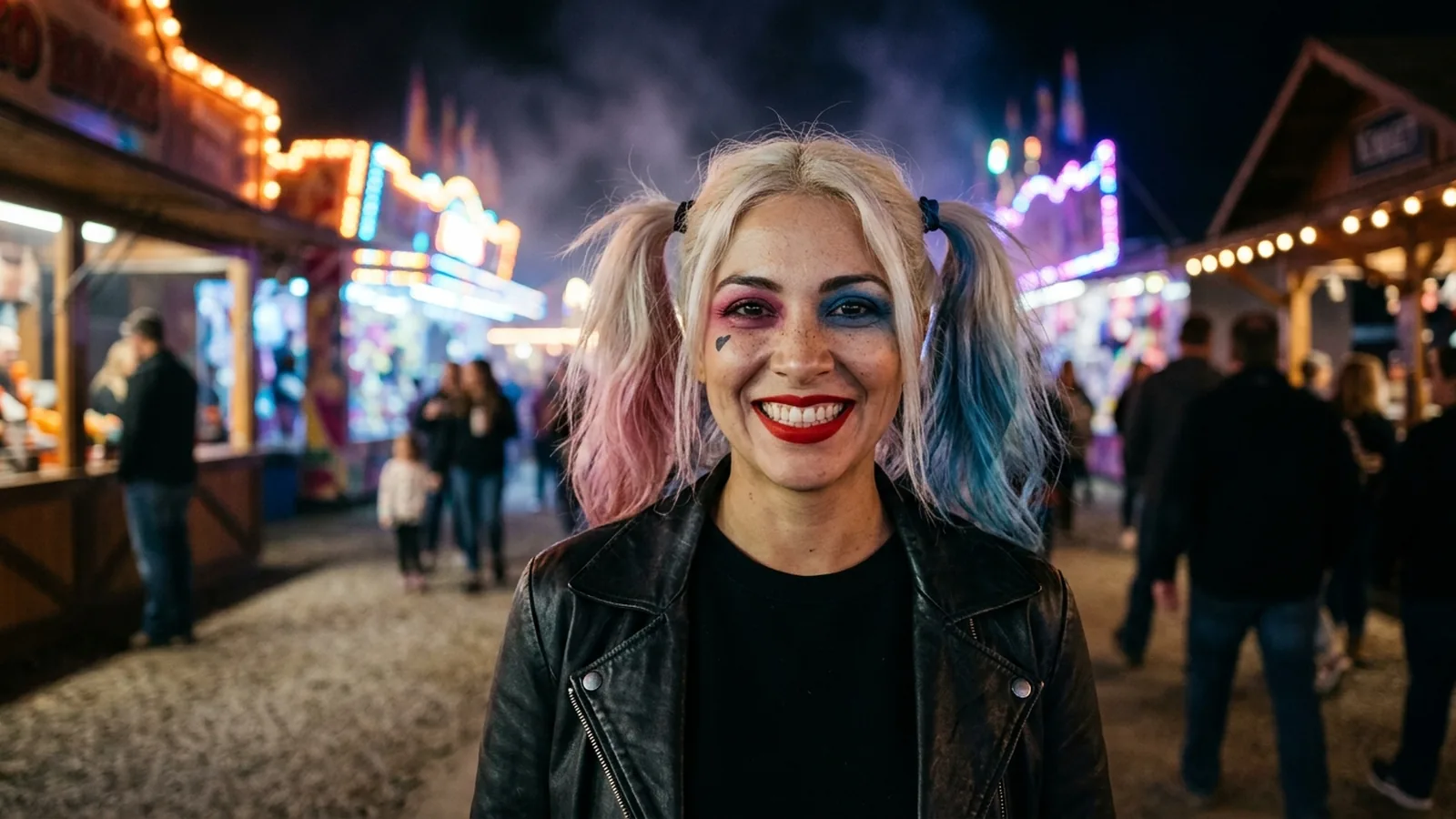 A woman with smudged pink and blue eyes, a red lip, a heart on her cheek and platinum pigtails tipped pink and blue