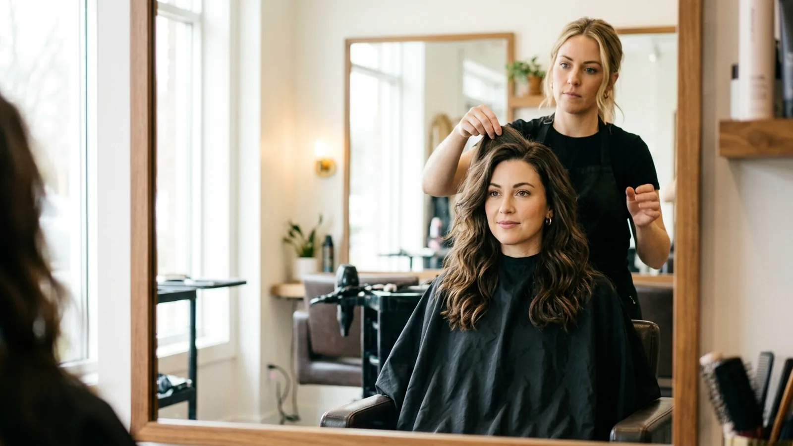 A woman with wavy brown hair looks into a salon mirror as a stylist checks her layers during a consultation