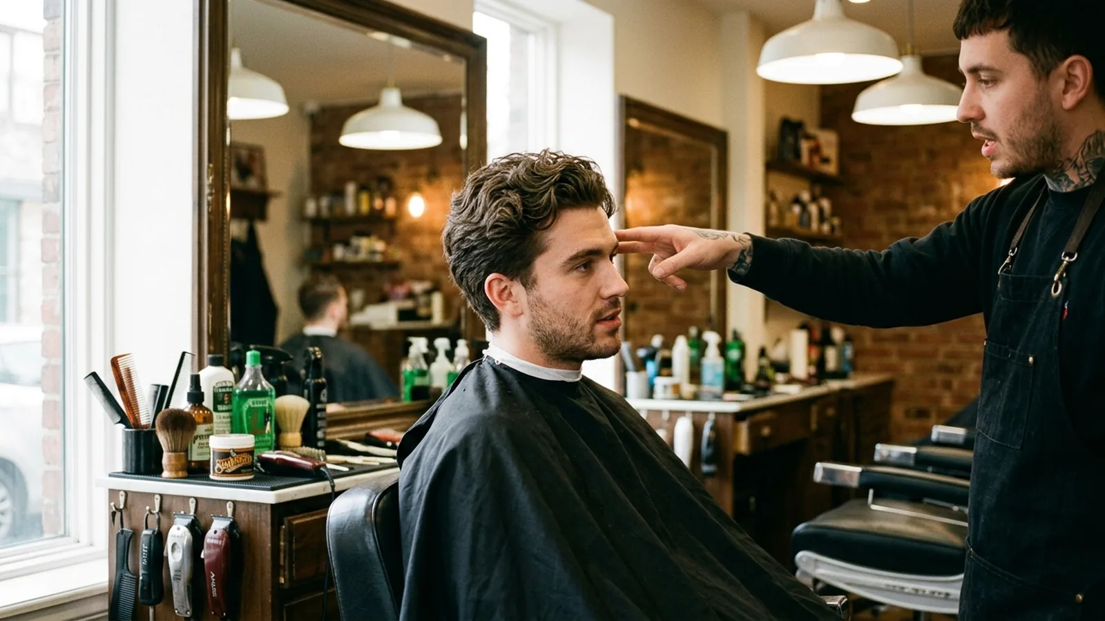Barber consulting with a seated client, pointing to the temple hairline in a shop mirror