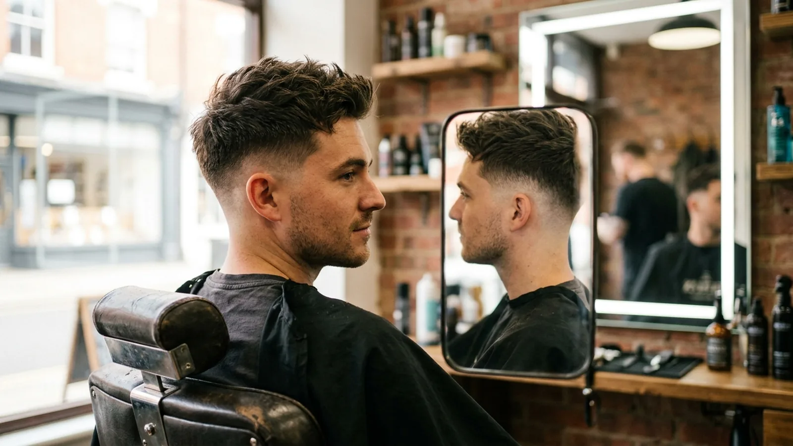 Man in a barber chair showing a clean mid taper fade with textured dark brown hair on top in a mirror reflection