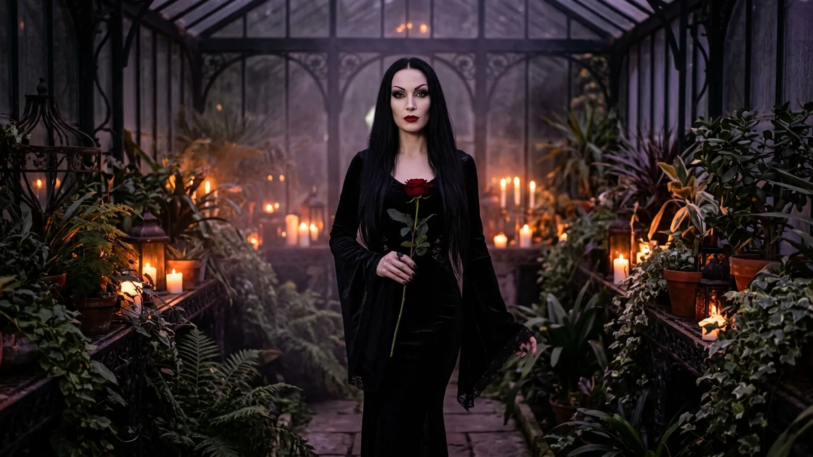 A woman with porcelain skin, a sharp black wing and a blood red lip, long straight black hair and a black gown, holding a rose