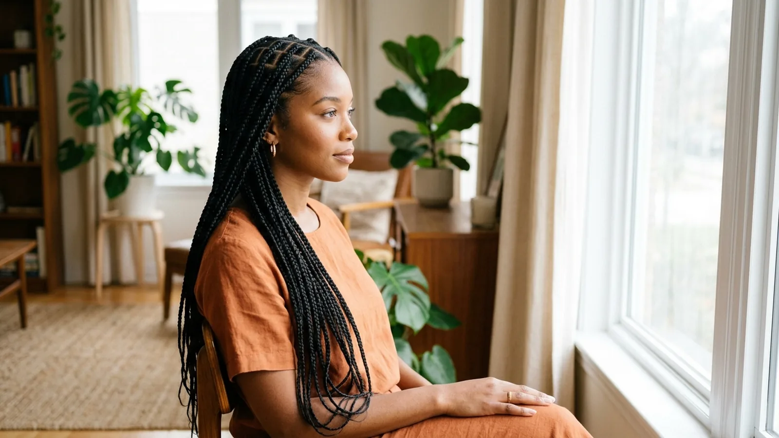 Black woman showing long knotless box braids with neat square scalp partings in profile