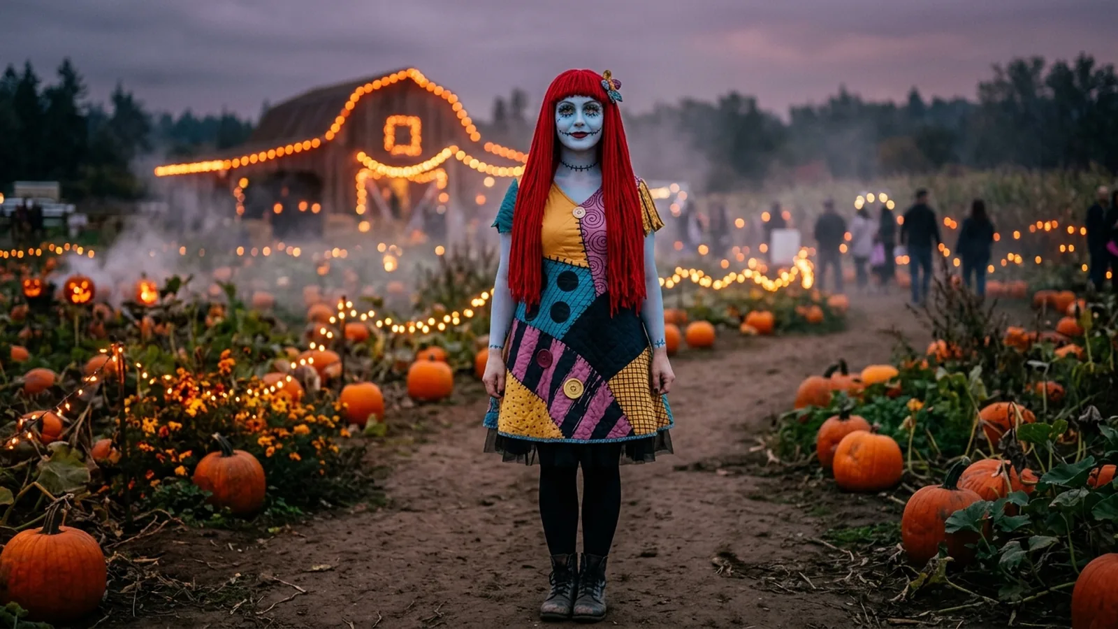 A woman with pale blue face paint, black stitch lines and long red hair in a patchwork dress, in a foggy pumpkin patch