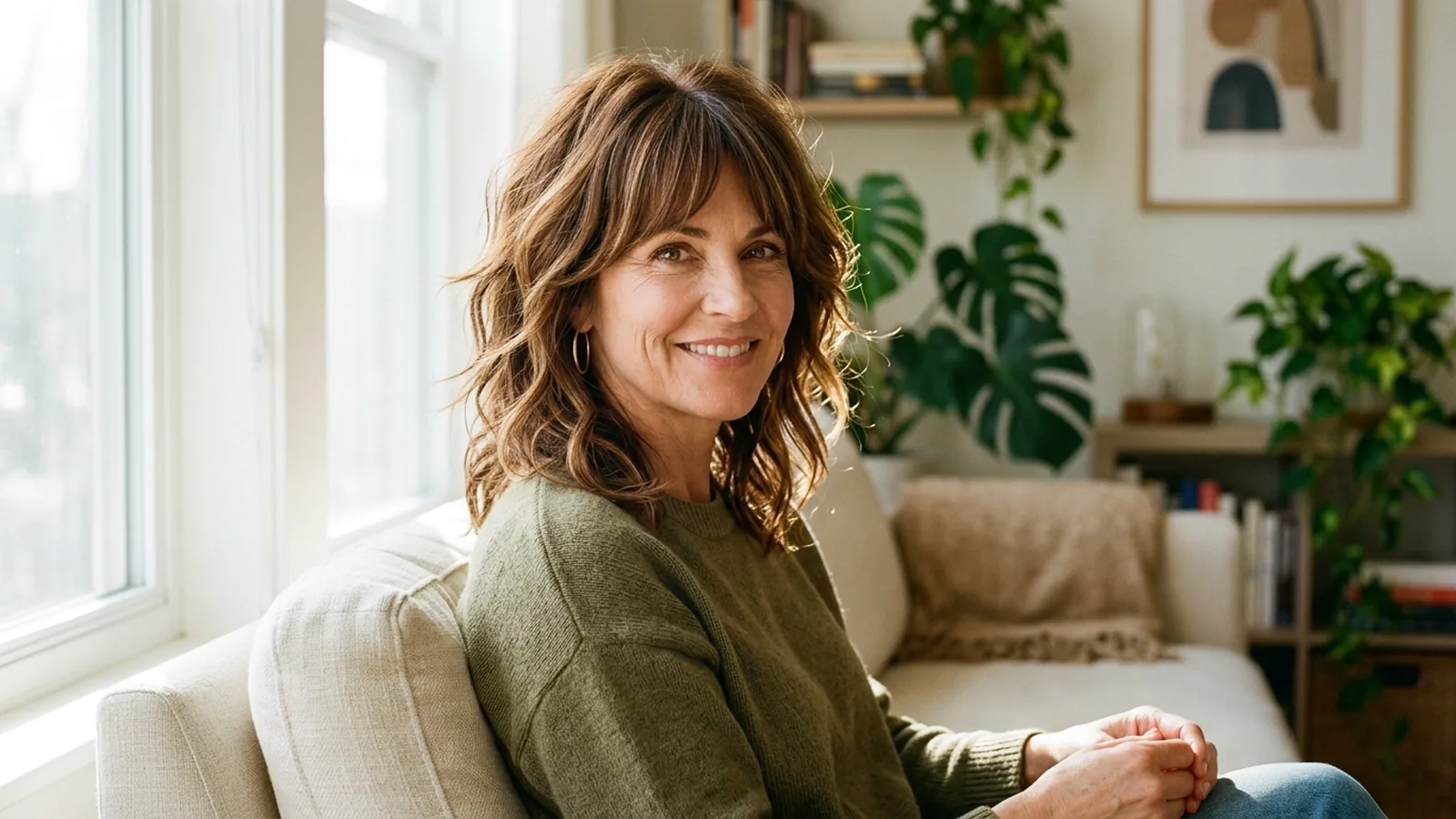 Woman in her fifties with a wavy, layered chestnut shag haircut and soft curtain bangs