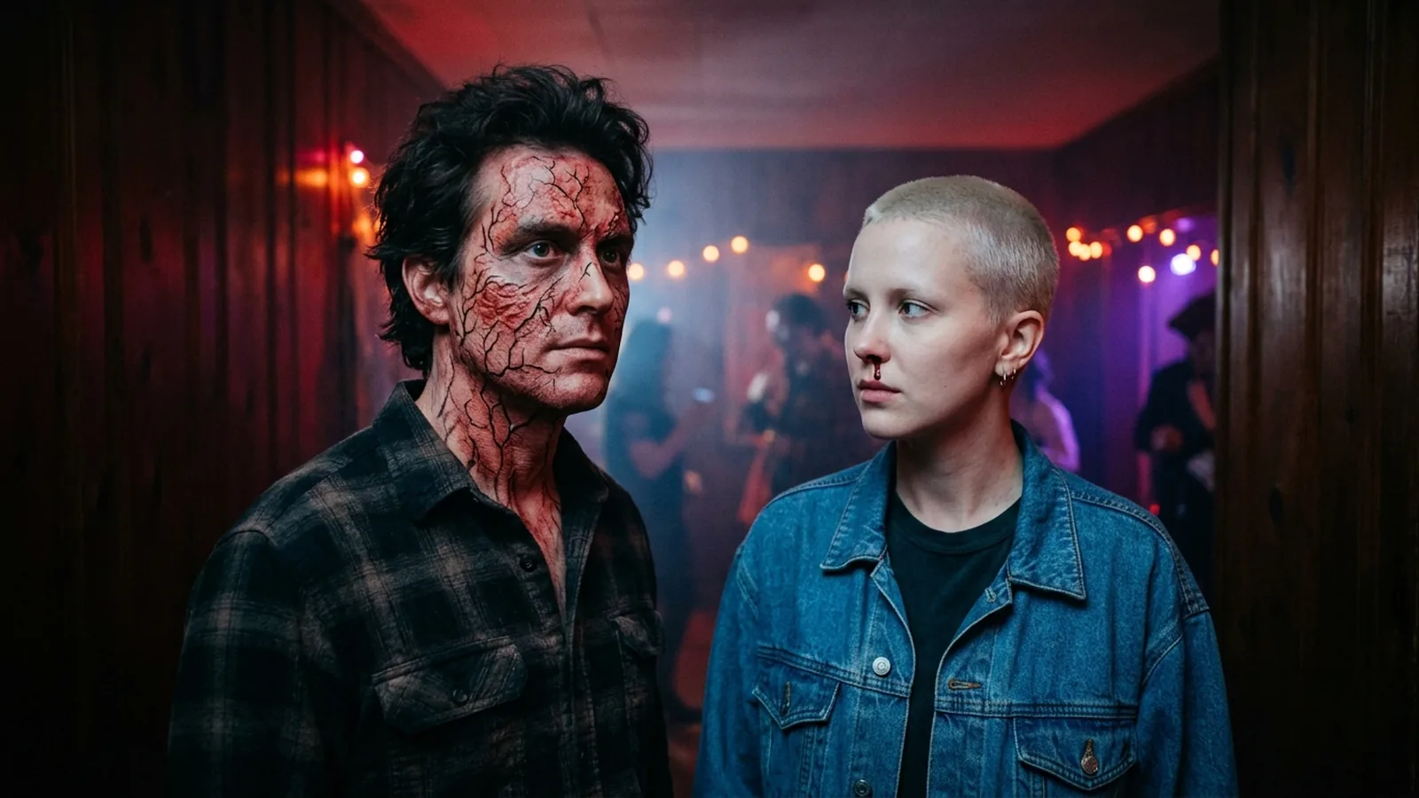 A man in cracked red monster face paint and a woman with a buzz cut and a nosebleed, in an 80s room lit red and blue
