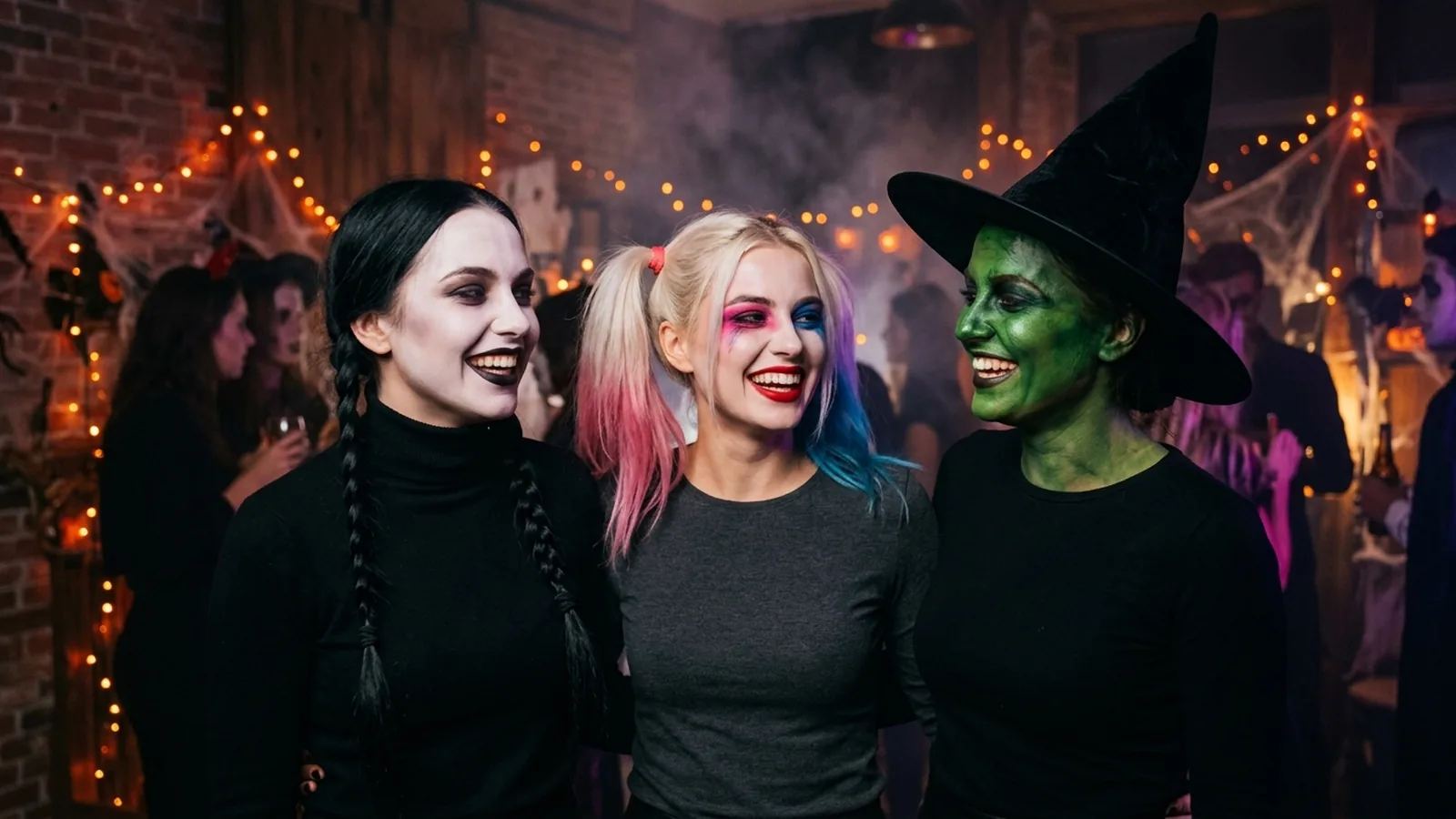 Three friends in Halloween character makeup: pale goth with braids, pink and blue pigtails, and a green painted witch