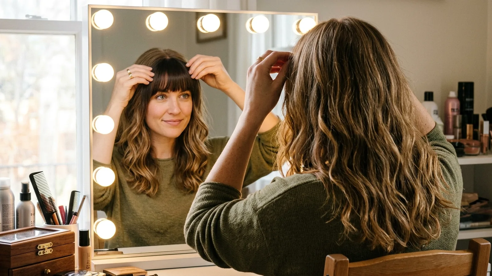 Woman holding a dark brown clip-in fringe against her forehead in front of a lighted vanity mirror