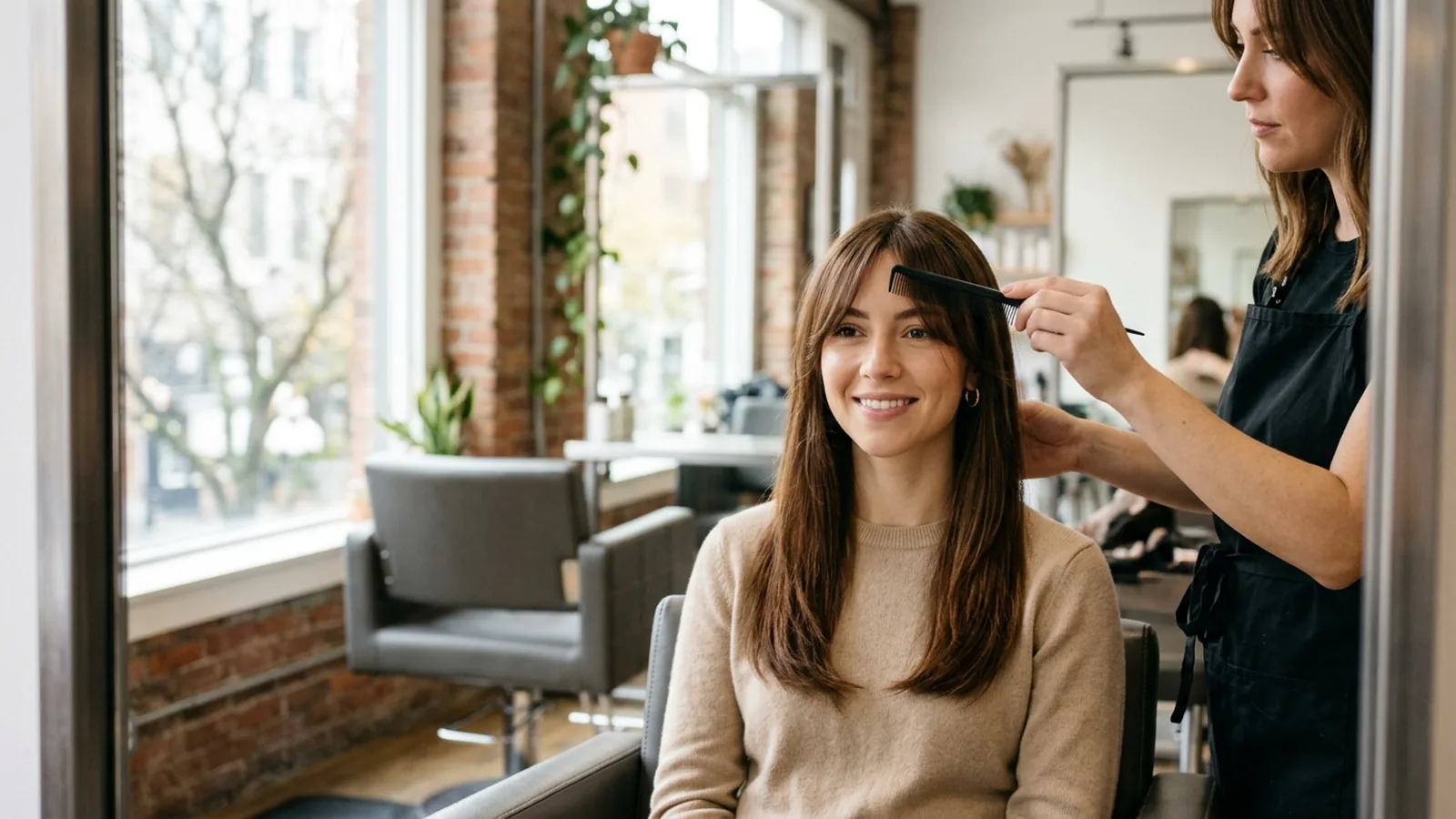 A woman in a salon mirror viewing her freshly styled chestnut curtain bangs parted in the center