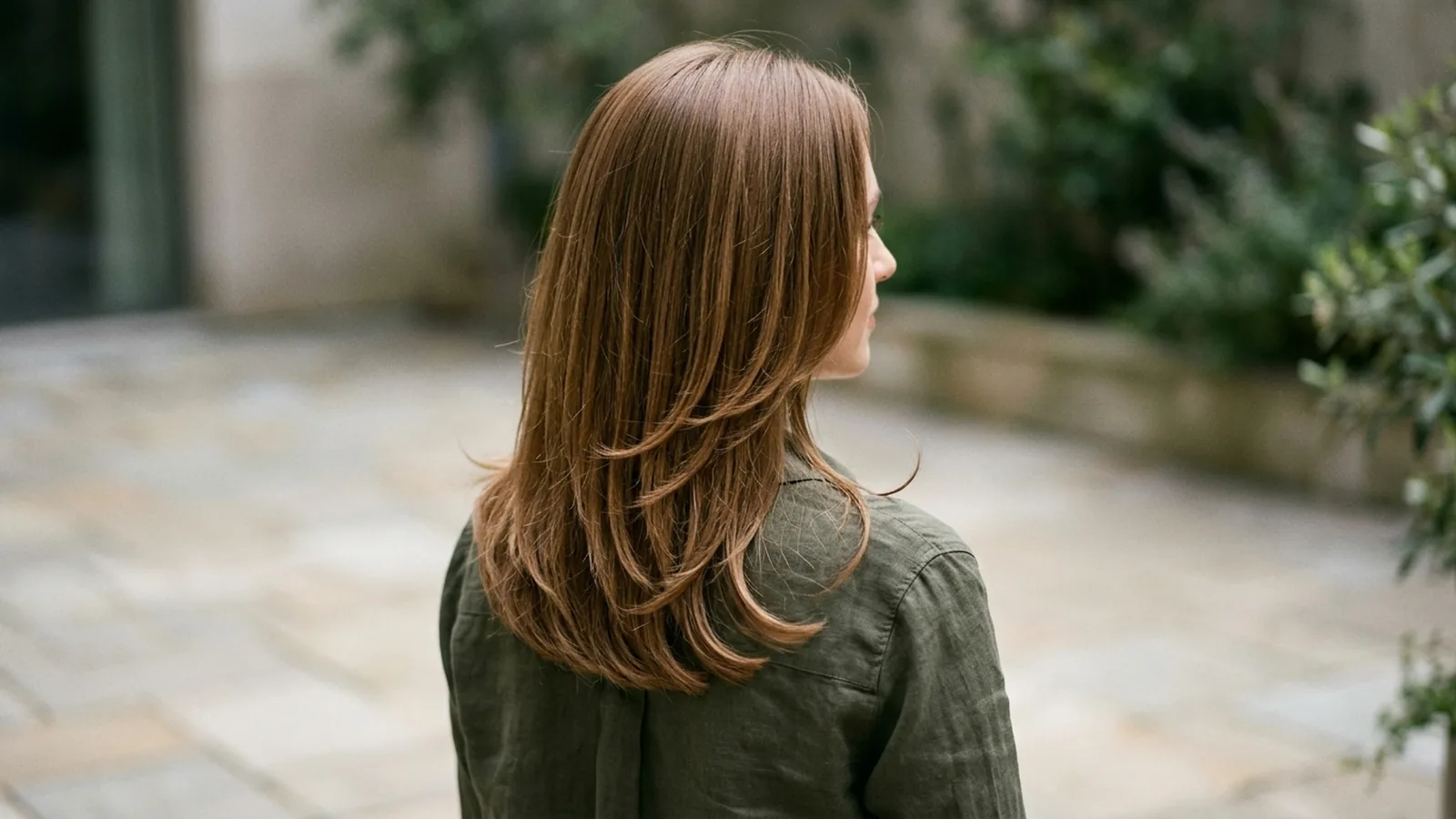 Woman with long brown hair displaying defined cascading layers from a three-quarter back angle in natural light