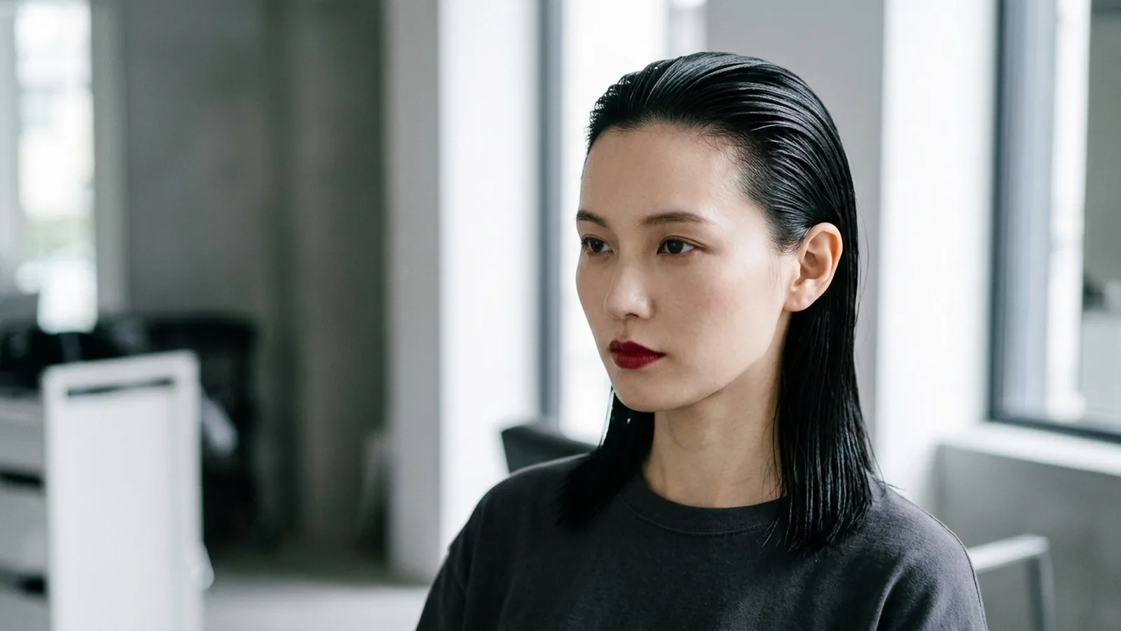 A woman wearing slicked-back glossy black hair, subtle eye makeup, and deep crimson lipstick
