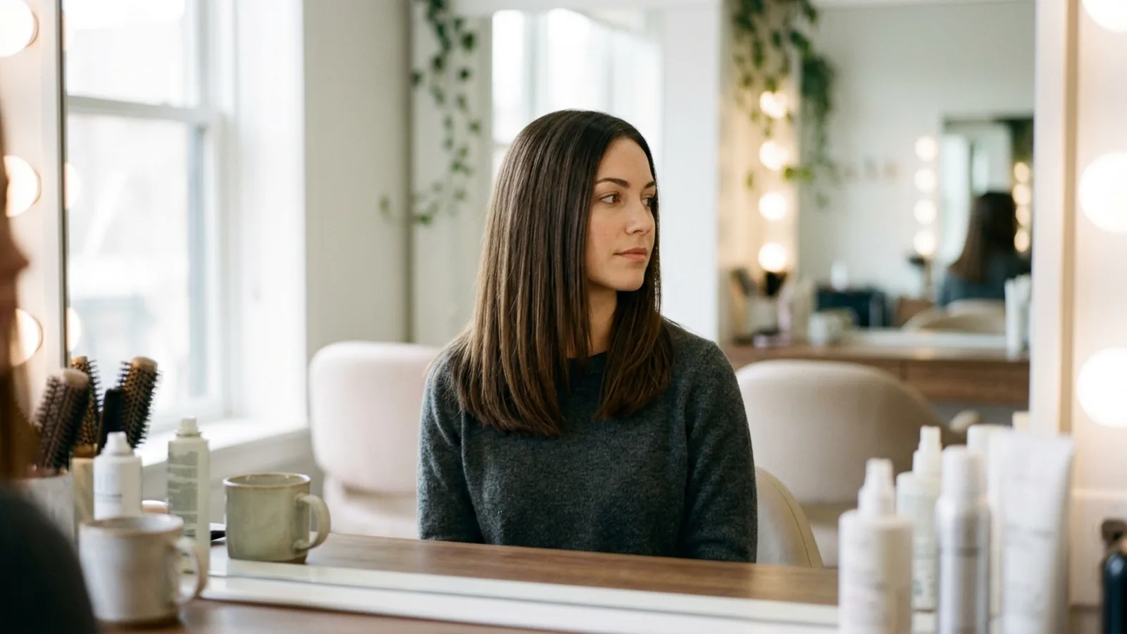 Woman with shoulder-length brown hair looking into a mirror in bright daylight to evaluate hair undertones