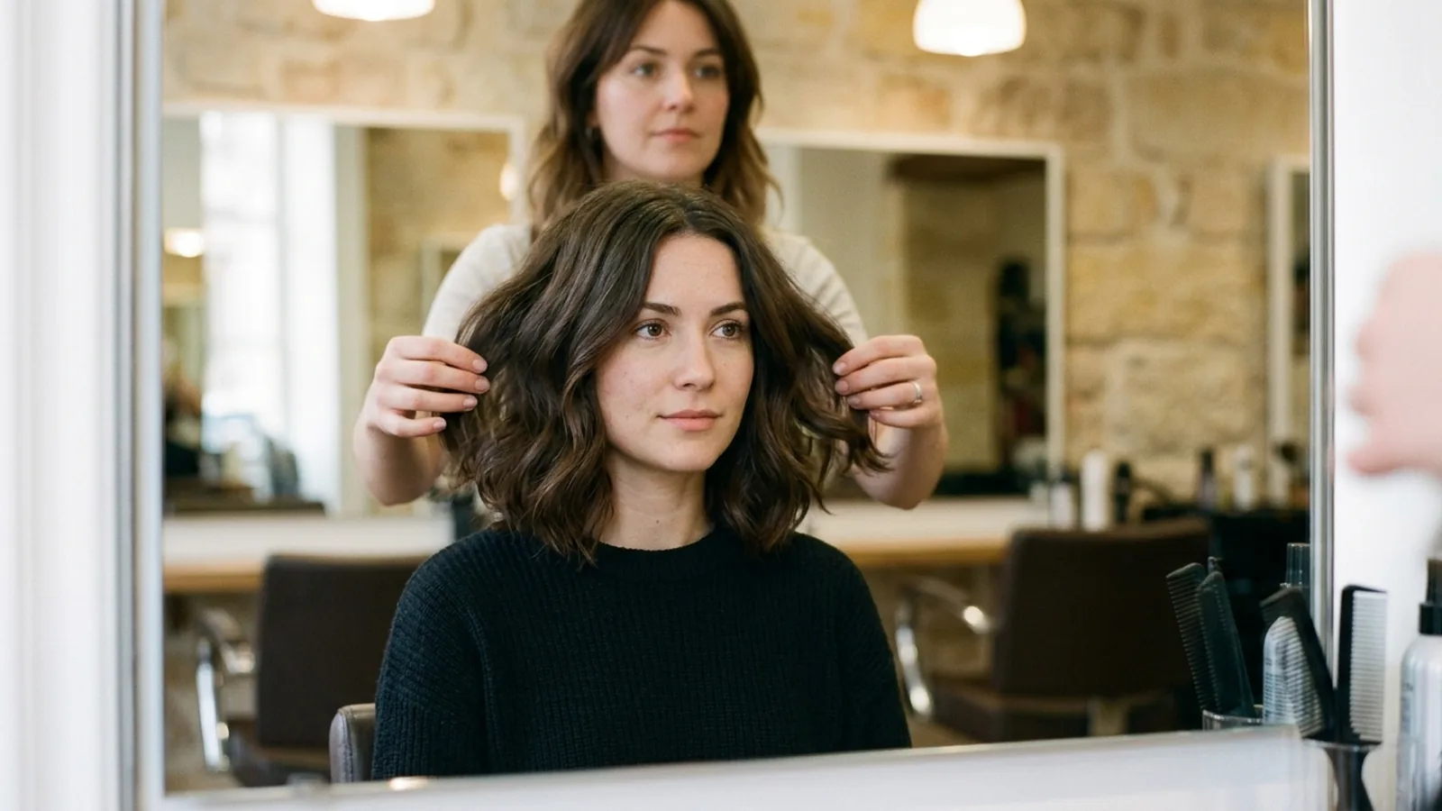Woman looking in a salon mirror while a stylist lifts her wavy brown hair to preview a shorter cut