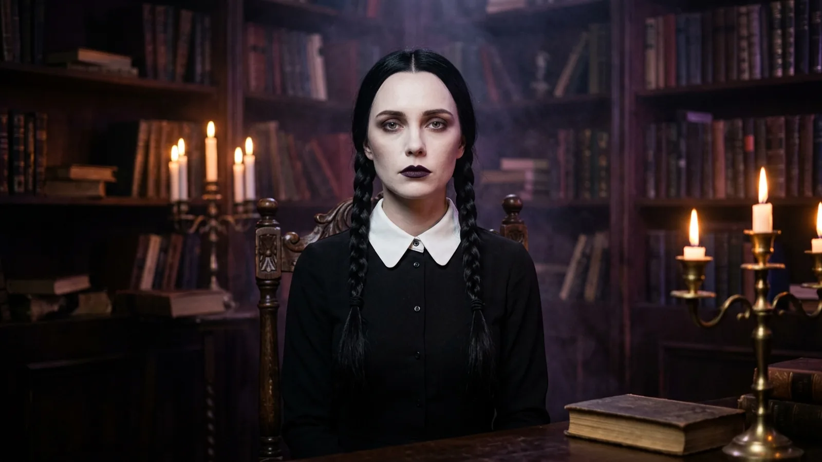 A pale woman with a plum black lip and two long black braids in a black dress with a white collar, in a dim library