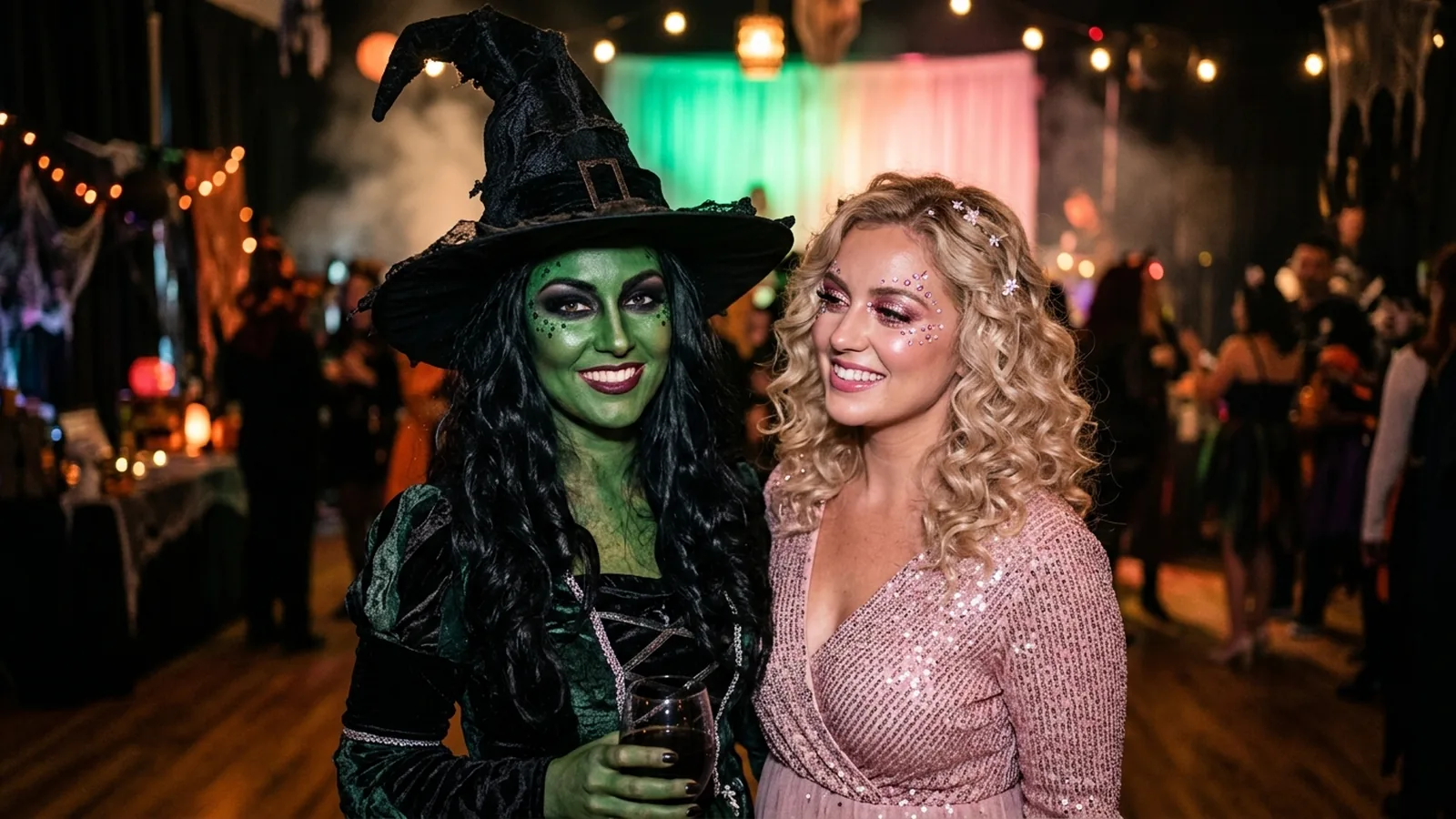 A green painted witch in a black hat beside a woman in pink shimmer makeup with blonde curls and a pink gown