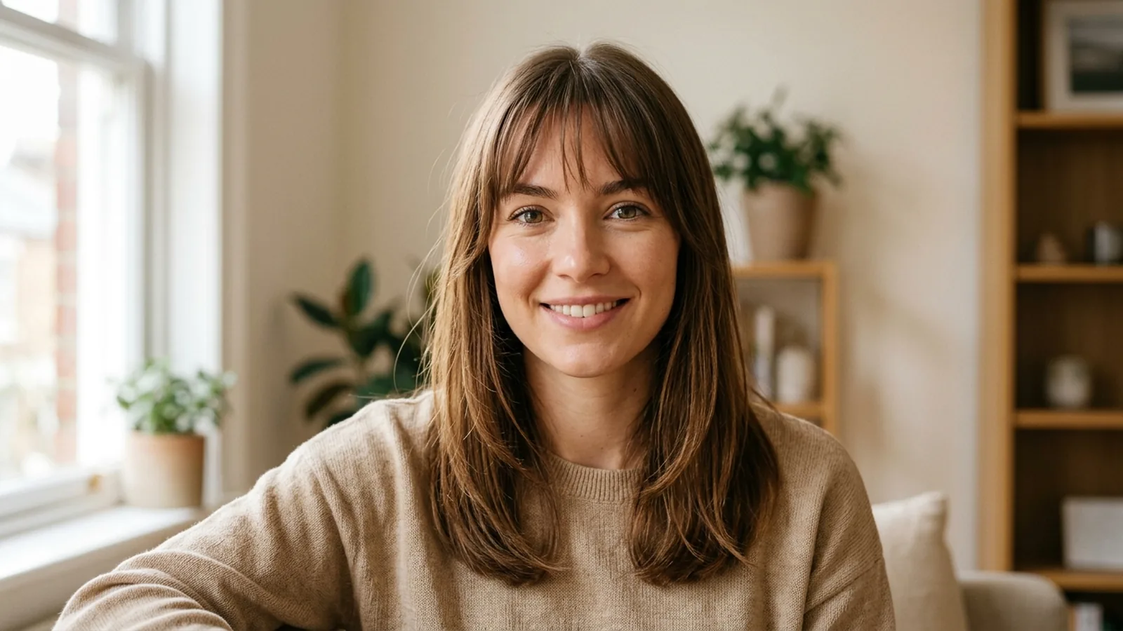 Close-up of a woman with shoulder-length brown hair and delicate wispy bangs grazing her eyebrows