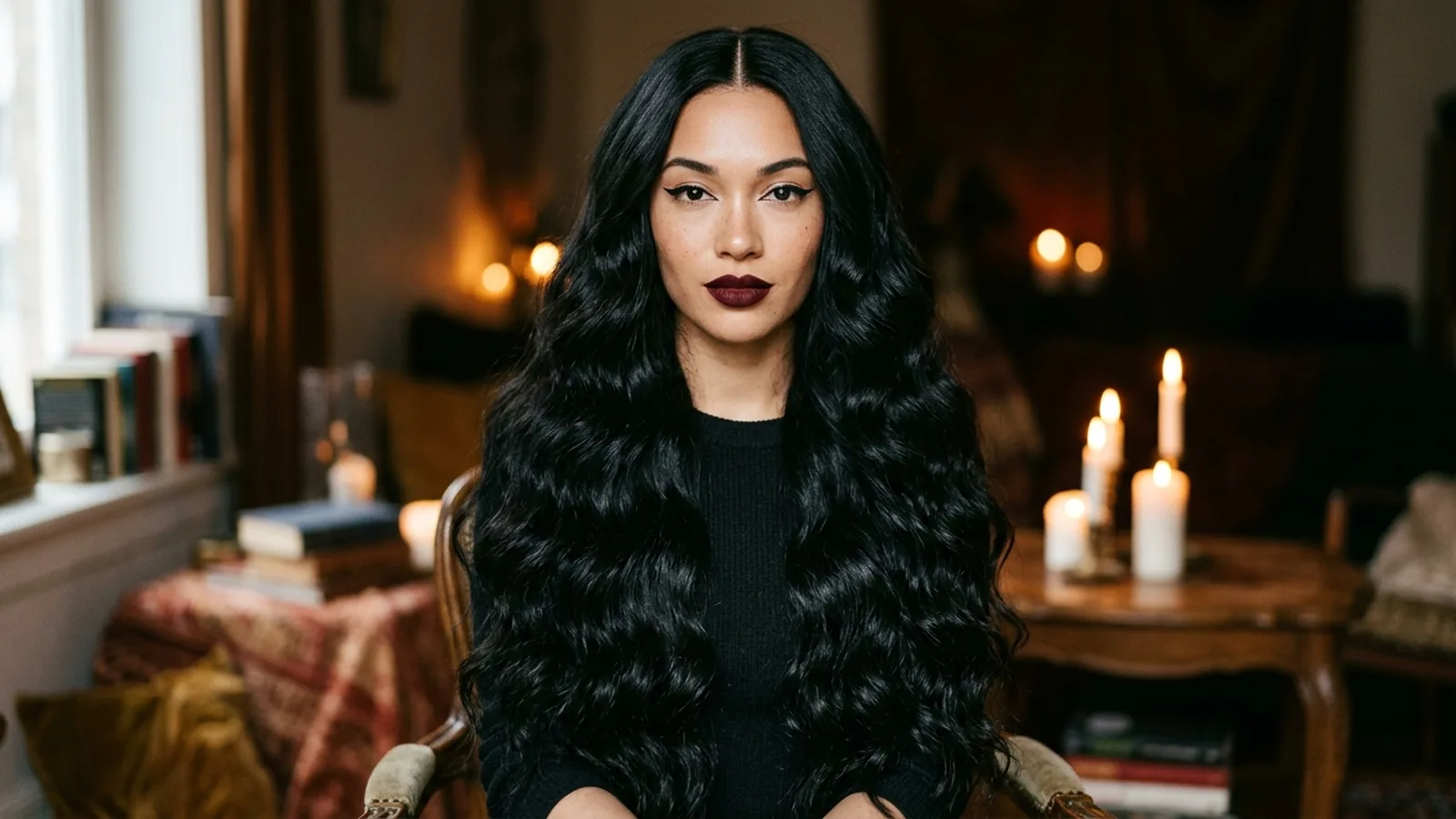 Woman with long wavy black hair, winged eyeliner, and dark burgundy lipstick in candlelight