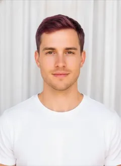 Burgundy + Dark Roots hair color rendered by HairGlam on a male model