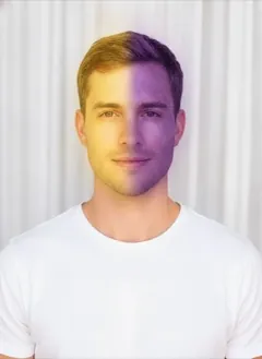 Cosmic Sunshine Split Dye hair color rendered by HairGlam on a male model