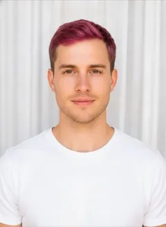Hot Magenta Dip Dye hair color rendered by HairGlam on a male model