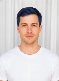 Indigo Blue Dip Dye hair color rendered by HairGlam on a male model