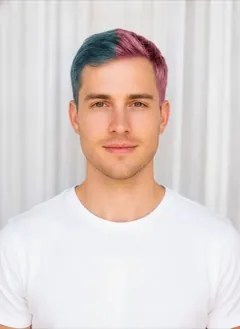 Pink + Blue Split Dye hair color rendered by HairGlam on a male model