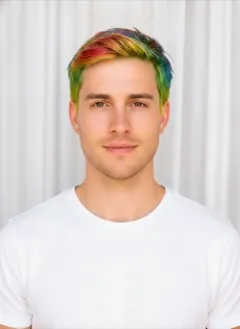 Rainbow hair color rendered by HairGlam on a male model