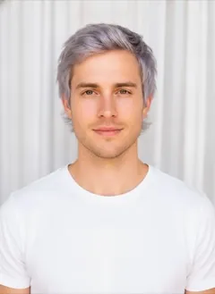 Silver Purple Peekaboo hair color rendered by HairGlam on a male model