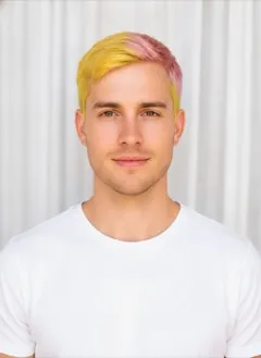 Yellow + Pink Split Dye hair color rendered by HairGlam on a male model