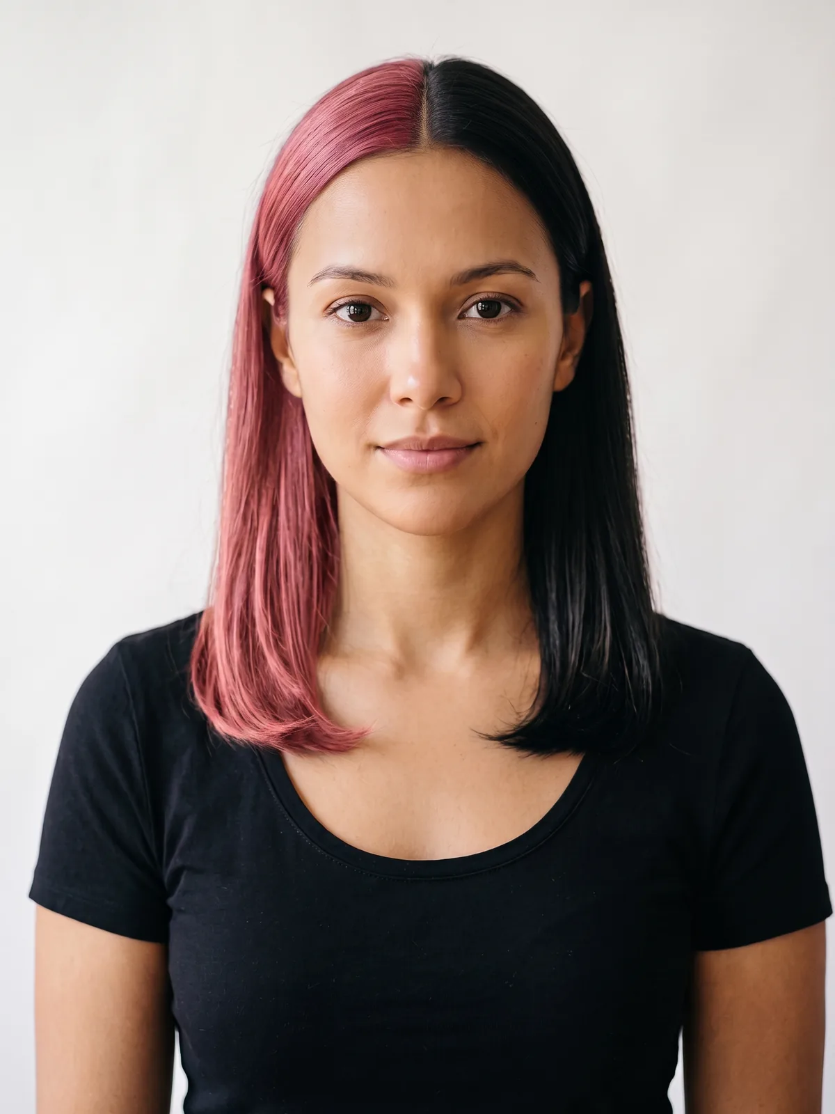 Pink + Black Split Dye hair color, AI render on a female model