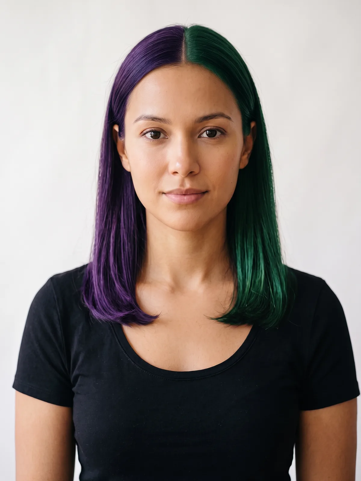 Purple + Green Split Dye hair color, AI render on a female model