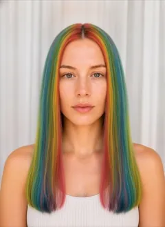 Rainbow hair color rendered by HairGlam on a female model