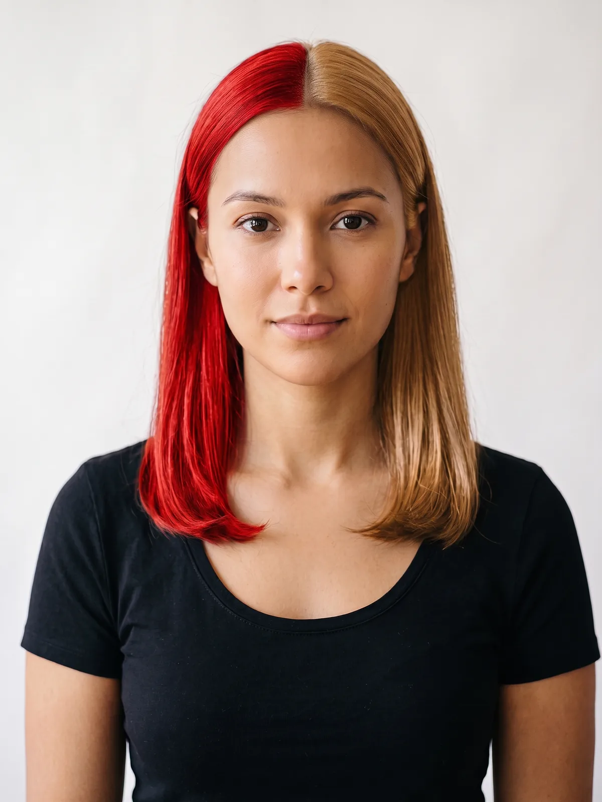 Red + Blonde Split Dye hair color, AI render on a female model