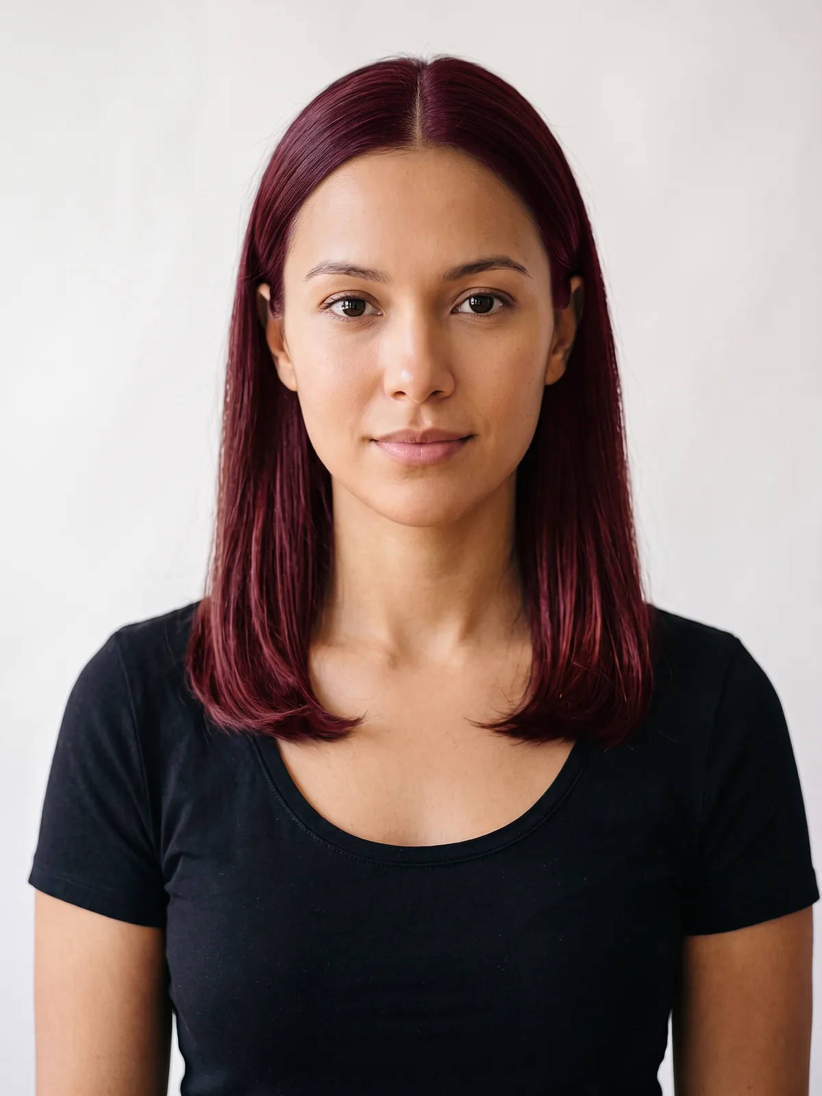 Ruby Red hair color, AI render on a female model