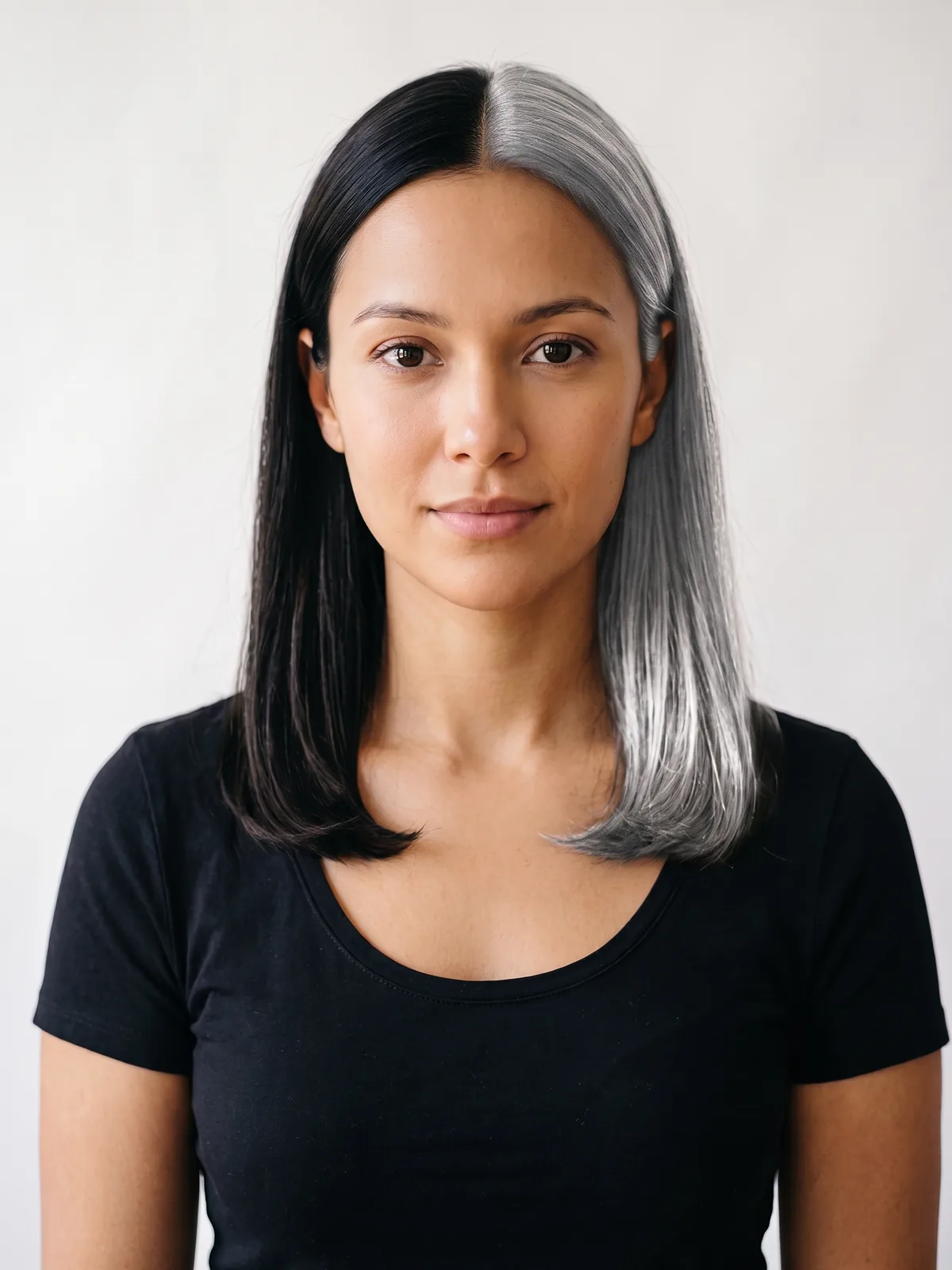 Silver + Black Split Dye hair color, AI render on a female model