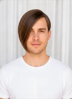 Asymmetrical Bob rendered by HairGlam on a male model
