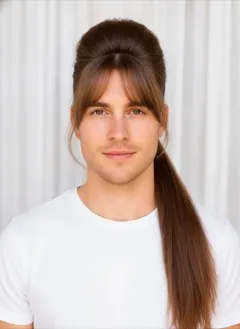 Bouffant Ponytail Bangs rendered by HairGlam on a male model