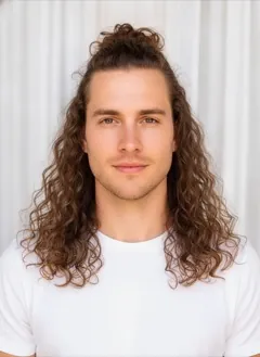 Curly Half Up rendered by HairGlam on a male model