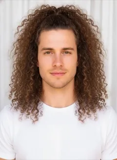 Curly High Ponytail rendered by HairGlam on a male model