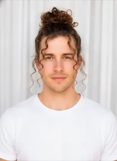 Curly Messy Bun rendered by HairGlam on a male model