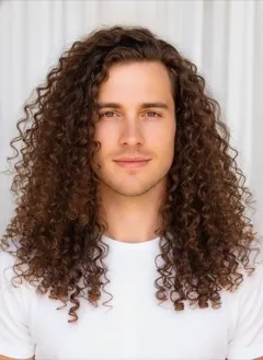 Curly Side Part Long rendered by HairGlam on a male model